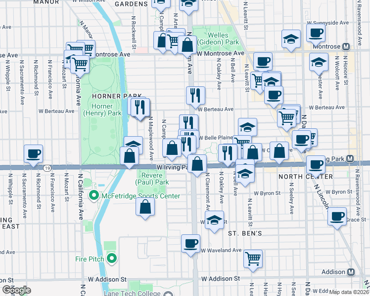map of restaurants, bars, coffee shops, grocery stores, and more near 4032 North Western Avenue in Chicago