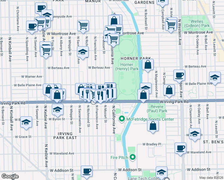 map of restaurants, bars, coffee shops, grocery stores, and more near 4041 North Mozart Street in Chicago