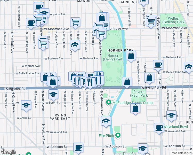 map of restaurants, bars, coffee shops, grocery stores, and more near 4041 North Mozart Street in Chicago