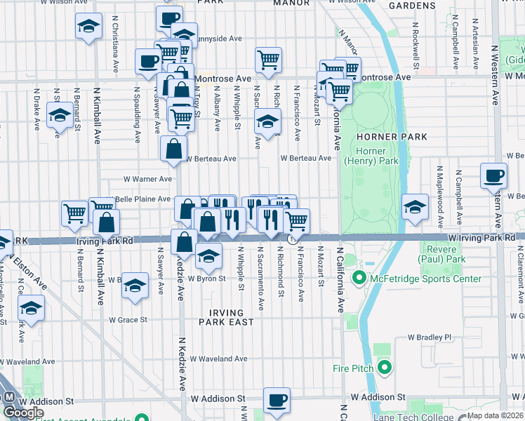 map of restaurants, bars, coffee shops, grocery stores, and more near 4034 North Sacramento Avenue in Chicago