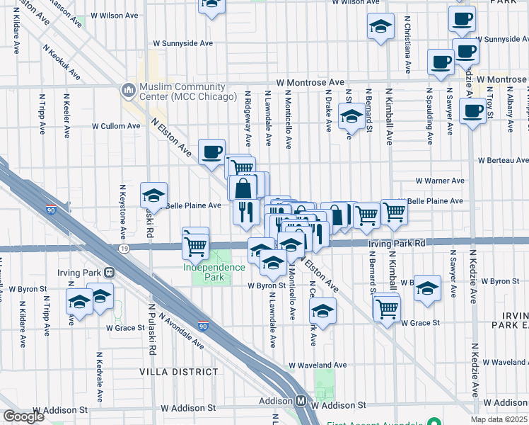 map of restaurants, bars, coffee shops, grocery stores, and more near 3669 West Belle Plaine Avenue in Chicago