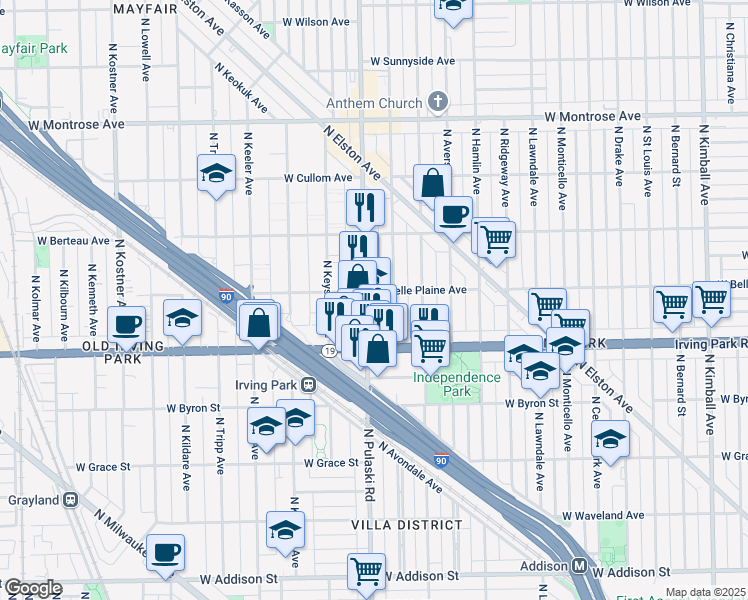 map of restaurants, bars, coffee shops, grocery stores, and more near 4045 North Pulaski Road in Chicago