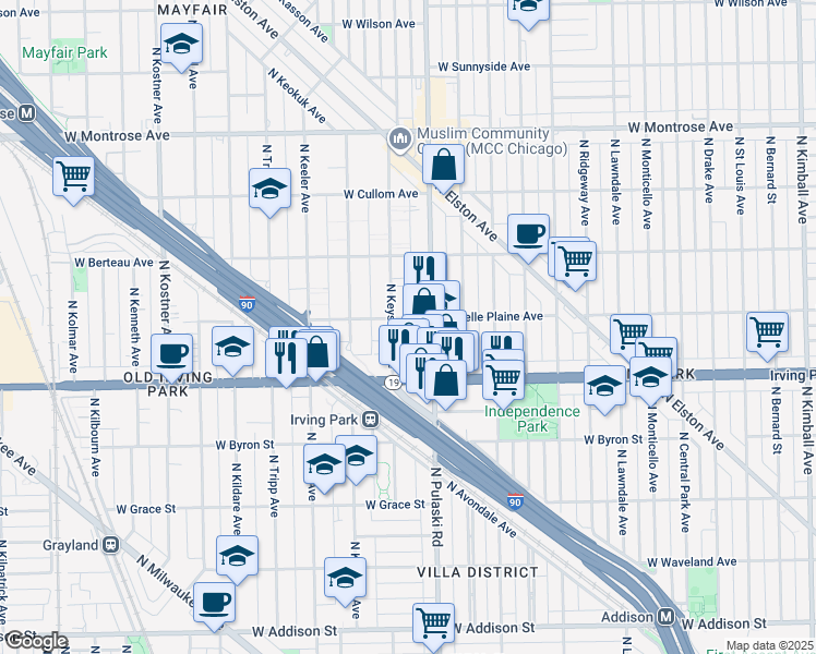map of restaurants, bars, coffee shops, grocery stores, and more near 4049 North Keystone Avenue in Chicago