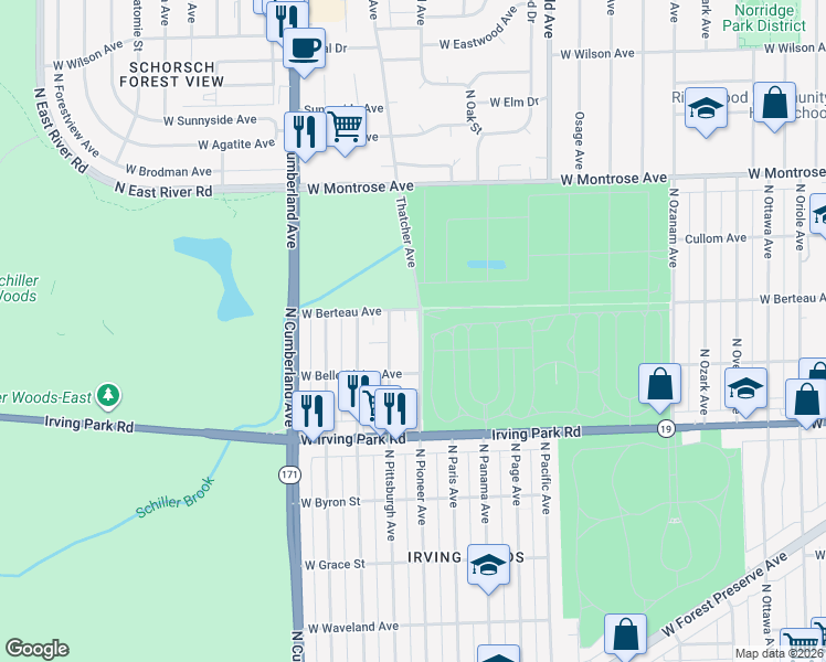map of restaurants, bars, coffee shops, grocery stores, and more near 4133 North Pittsburgh Avenue in Chicago