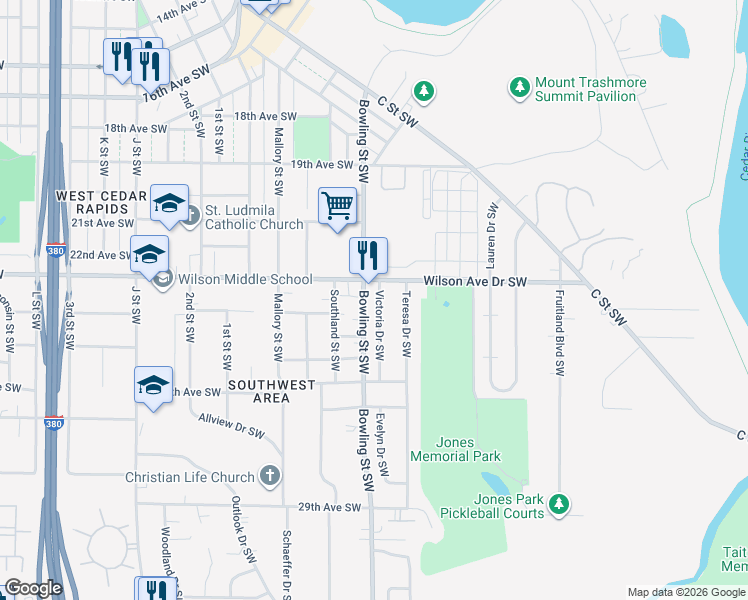 map of restaurants, bars, coffee shops, grocery stores, and more near 2331 Bowling Street Southwest in Cedar Rapids