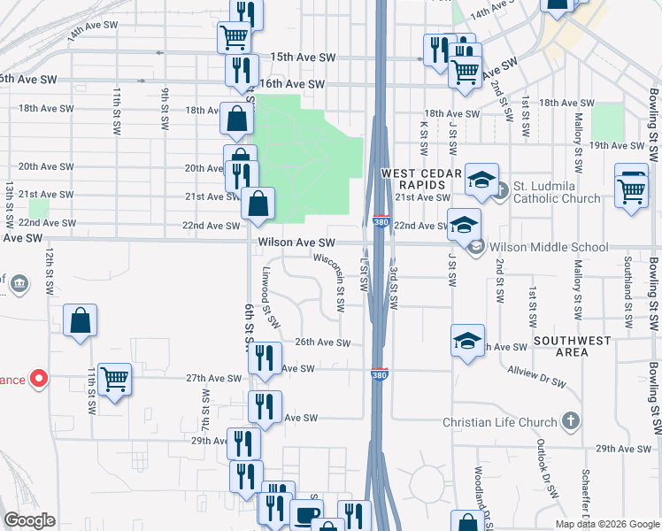 map of restaurants, bars, coffee shops, grocery stores, and more near 2425 Wisconsin Street Southwest in Cedar Rapids
