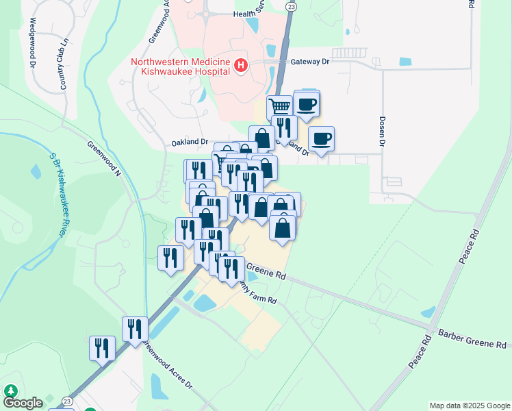 map of restaurants, bars, coffee shops, grocery stores, and more near 2560 Sycamore Road in DeKalb