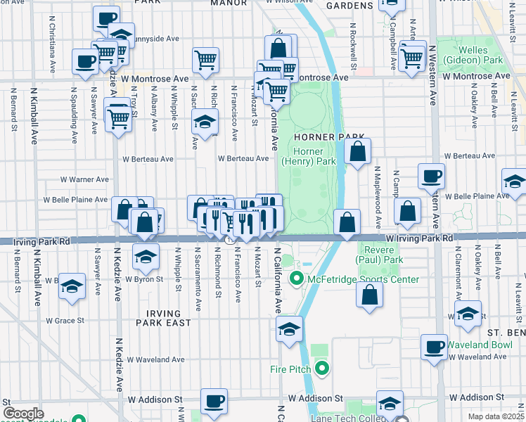 map of restaurants, bars, coffee shops, grocery stores, and more near 4041 North Mozart Street in Chicago