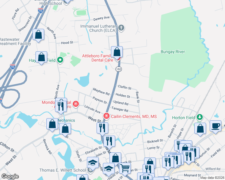 map of restaurants, bars, coffee shops, grocery stores, and more near 450 North Main Street in Attleboro