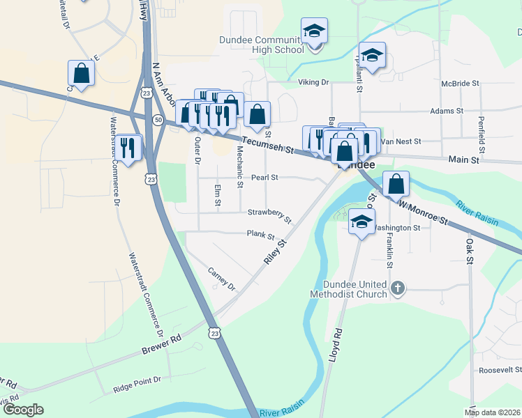map of restaurants, bars, coffee shops, grocery stores, and more near 721 Strawberry Street in Dundee