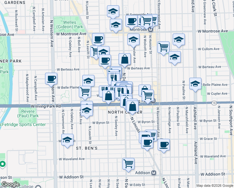 map of restaurants, bars, coffee shops, grocery stores, and more near 4026 North Lincoln Avenue in Chicago