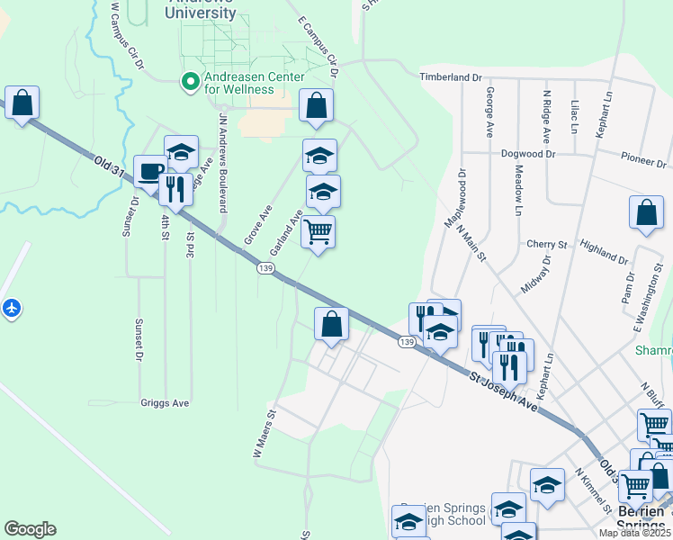 map of restaurants, bars, coffee shops, grocery stores, and more near 9091 Old 31 in Berrien Springs