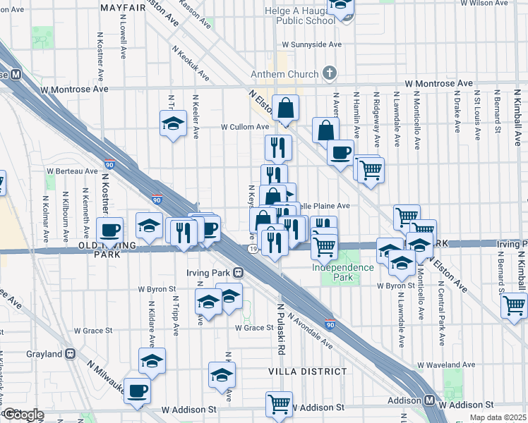 map of restaurants, bars, coffee shops, grocery stores, and more near 4049 North Keystone Avenue in Chicago