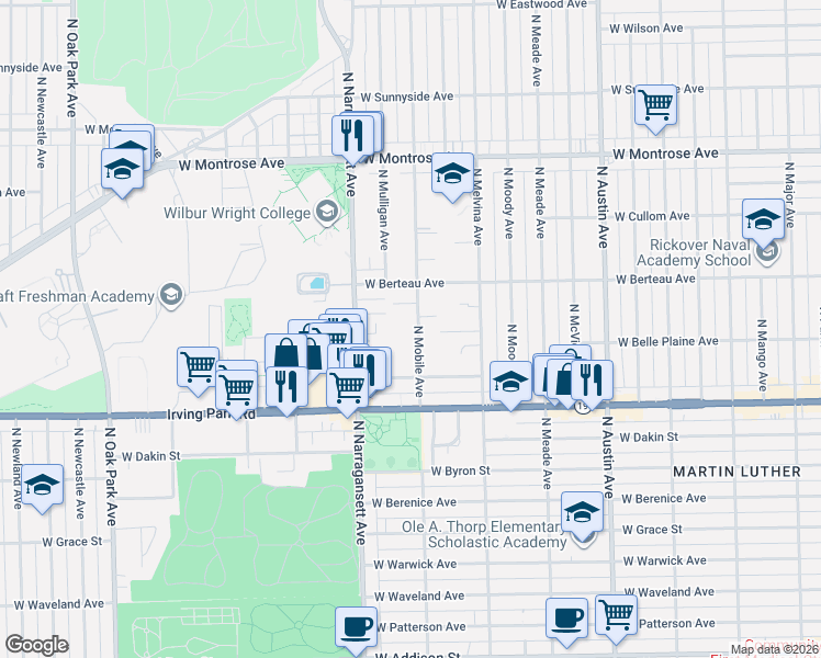 map of restaurants, bars, coffee shops, grocery stores, and more near 4114 North Mobile Avenue in Chicago