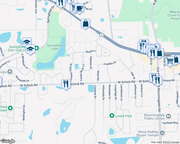 map of restaurants, bars, coffee shops, grocery stores, and more near 123 Villa Way in Bloomingdale
