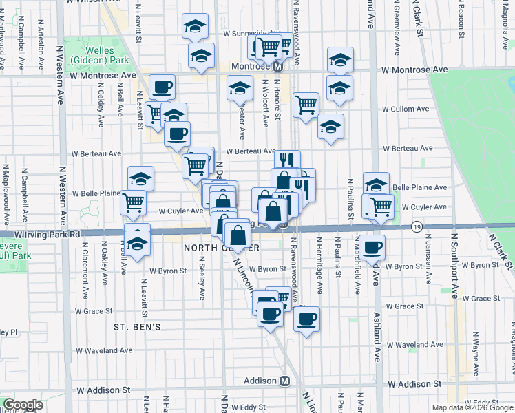 map of restaurants, bars, coffee shops, grocery stores, and more near 1900 West Cuyler Avenue in Chicago
