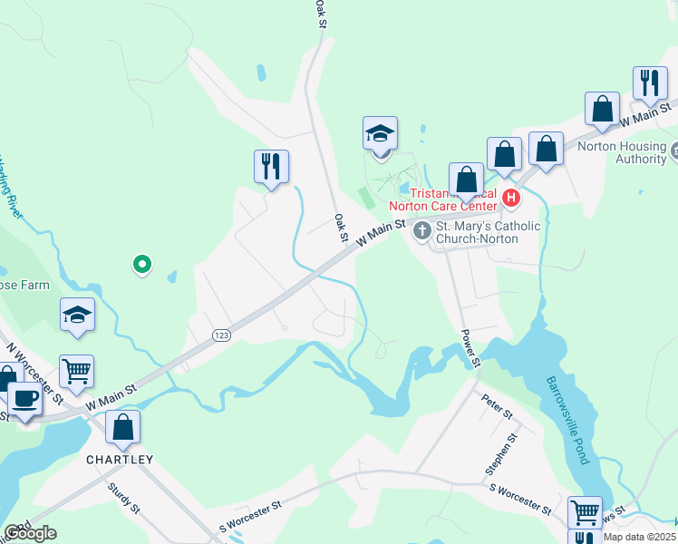 map of restaurants, bars, coffee shops, grocery stores, and more near 5 Edgewater Drive in Norton