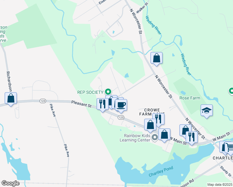 map of restaurants, bars, coffee shops, grocery stores, and more near 44 Pleasant Street in Norton