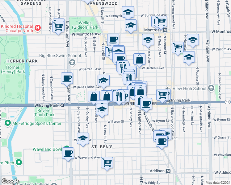 map of restaurants, bars, coffee shops, grocery stores, and more near 2133 West Cuyler Avenue in Chicago
