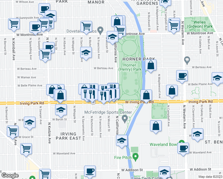 map of restaurants, bars, coffee shops, grocery stores, and more near 4041 North Mozart Street in Chicago