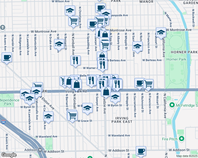 map of restaurants, bars, coffee shops, grocery stores, and more near 4034 North Sawyer Avenue in Chicago