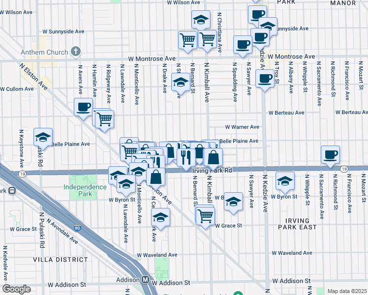 map of restaurants, bars, coffee shops, grocery stores, and more near 4038 North Saint Louis Avenue in Chicago