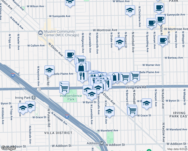 map of restaurants, bars, coffee shops, grocery stores, and more near 3669 West Belle Plaine Avenue in Chicago