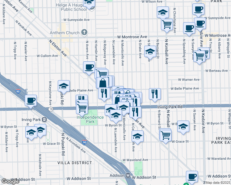map of restaurants, bars, coffee shops, grocery stores, and more near 3669 West Belle Plaine Avenue in Chicago