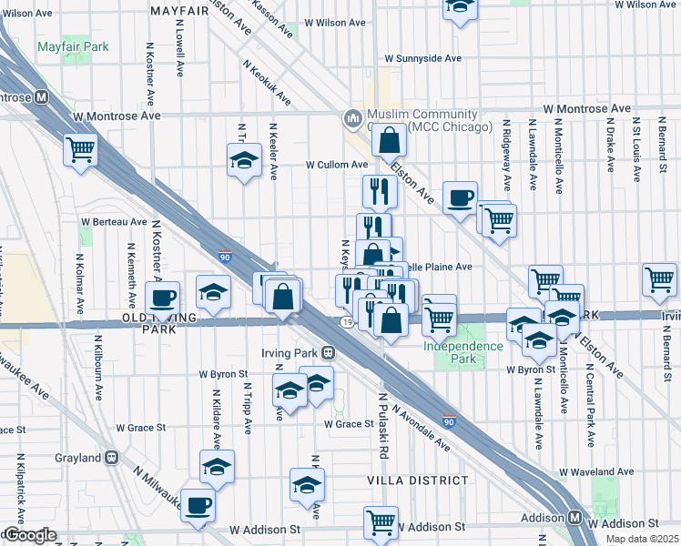 map of restaurants, bars, coffee shops, grocery stores, and more near 4049 North Keystone Avenue in Chicago