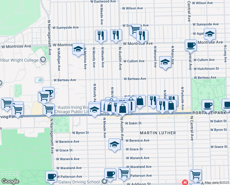map of restaurants, bars, coffee shops, grocery stores, and more near 4100 North Austin Avenue in Chicago