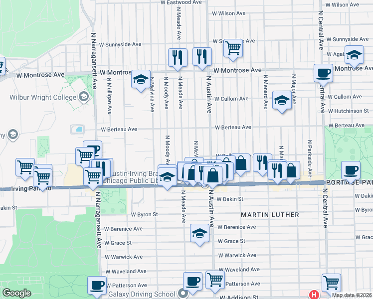 map of restaurants, bars, coffee shops, grocery stores, and more near 4102 North McVicker Avenue in Chicago