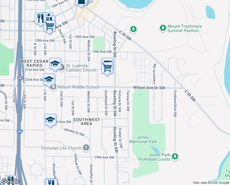 map of restaurants, bars, coffee shops, grocery stores, and more near 2331 Bowling Street Southwest in Cedar Rapids