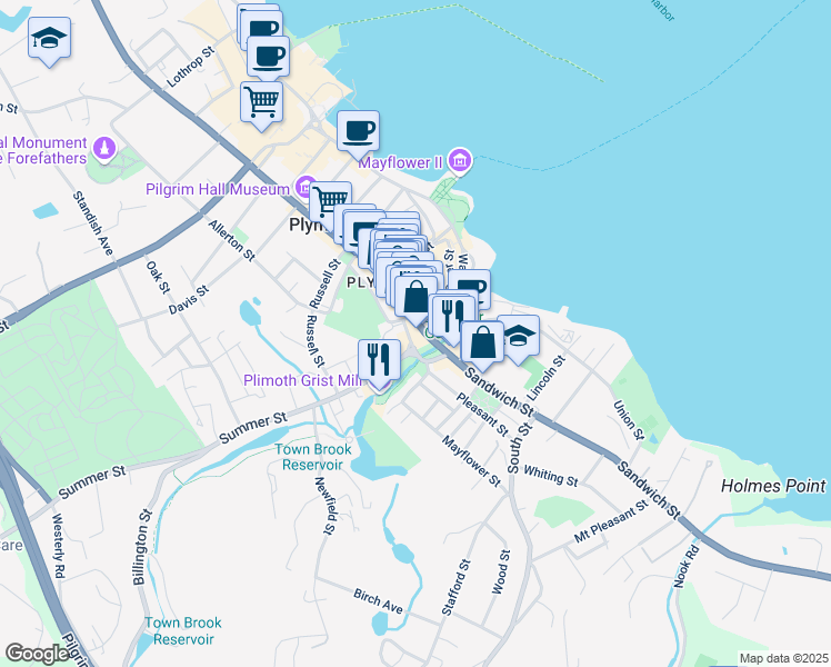 map of restaurants, bars, coffee shops, grocery stores, and more near 21 Main Street Extension in Plymouth