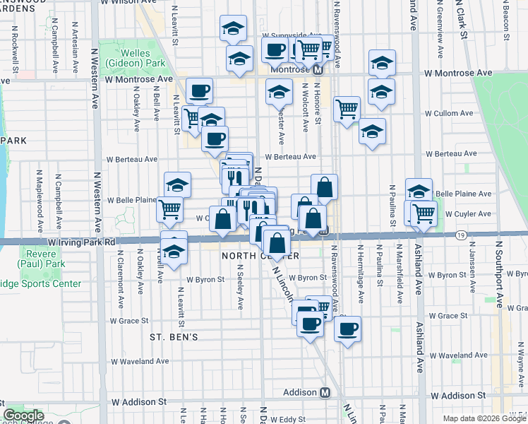 map of restaurants, bars, coffee shops, grocery stores, and more near 4037 North Damen Avenue in Chicago