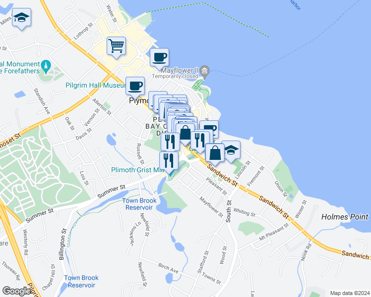map of restaurants, bars, coffee shops, grocery stores, and more near 11 Main Street Extension in Plymouth