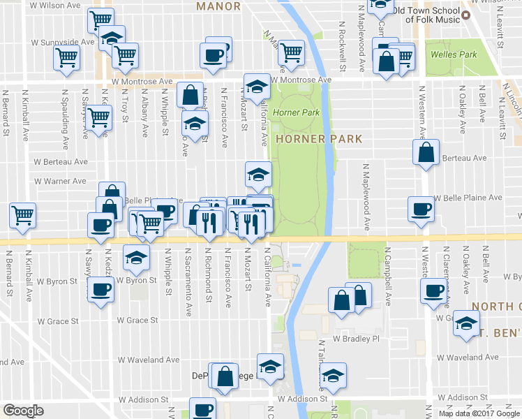 map of restaurants, bars, coffee shops, grocery stores, and more near 4044 North California Avenue in Chicago