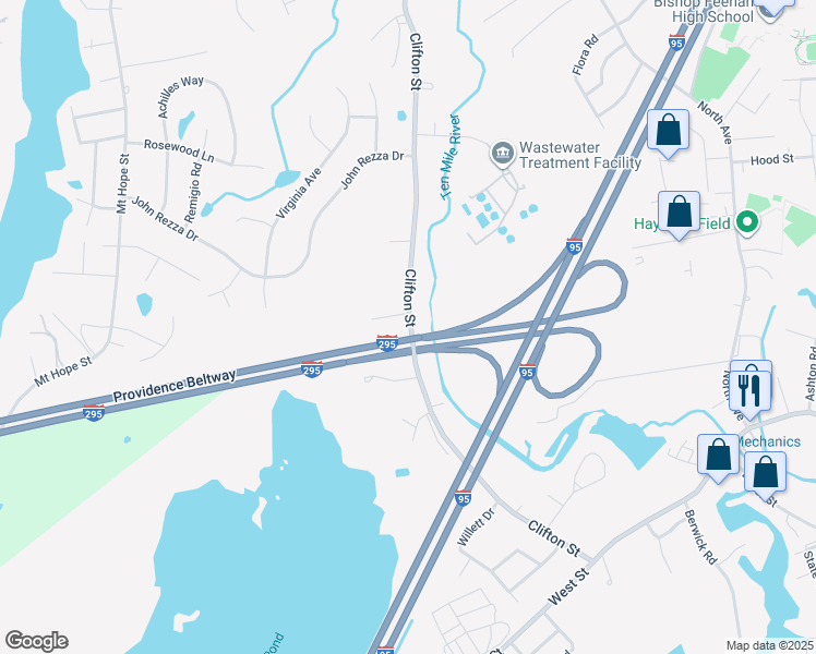 map of restaurants, bars, coffee shops, grocery stores, and more near 272 Clifton Street in Attleboro