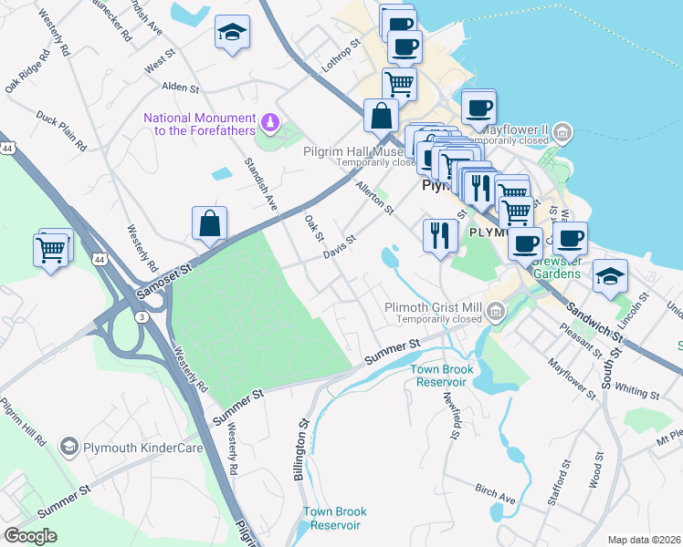 map of restaurants, bars, coffee shops, grocery stores, and more near 46 Oak Street in Plymouth