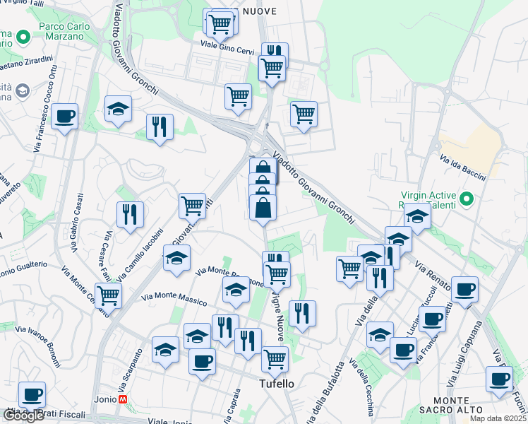 map of restaurants, bars, coffee shops, grocery stores, and more near 416-420 Via delle Vigne Nuove in Roma