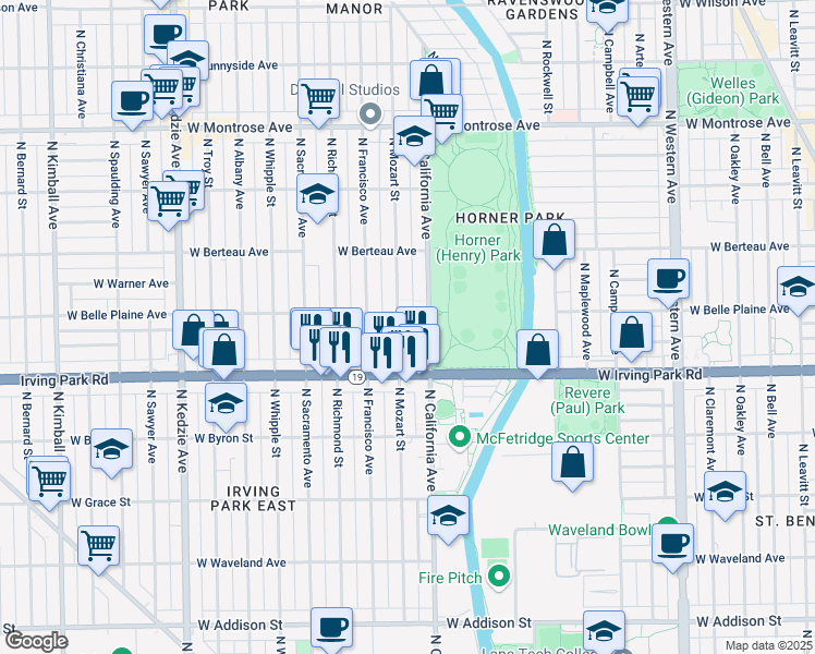 map of restaurants, bars, coffee shops, grocery stores, and more near 4041 North Mozart Street in Chicago
