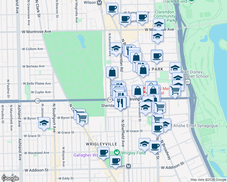 map of restaurants, bars, coffee shops, grocery stores, and more near 4011 North Kenmore Avenue in Chicago