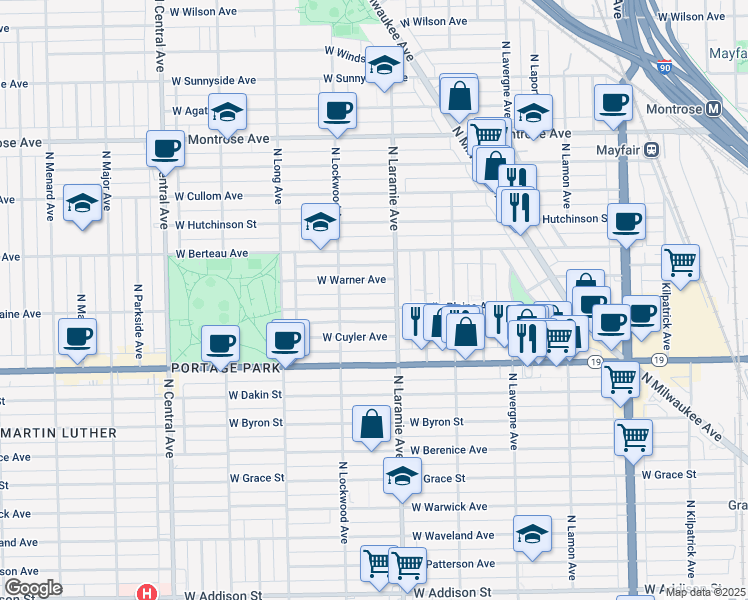 map of restaurants, bars, coffee shops, grocery stores, and more near 5205 West Belle Plaine Avenue in Chicago