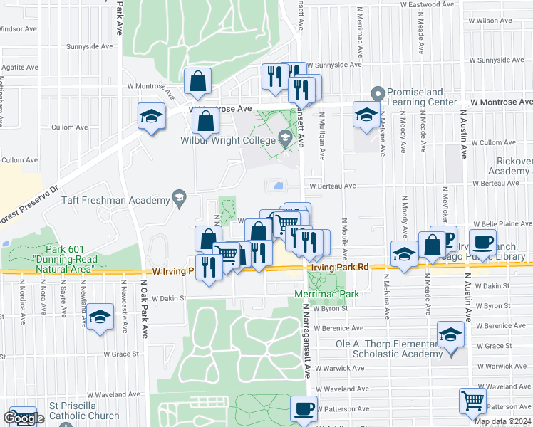map of restaurants, bars, coffee shops, grocery stores, and more near 6460 West Belle Plaine Avenue in Chicago