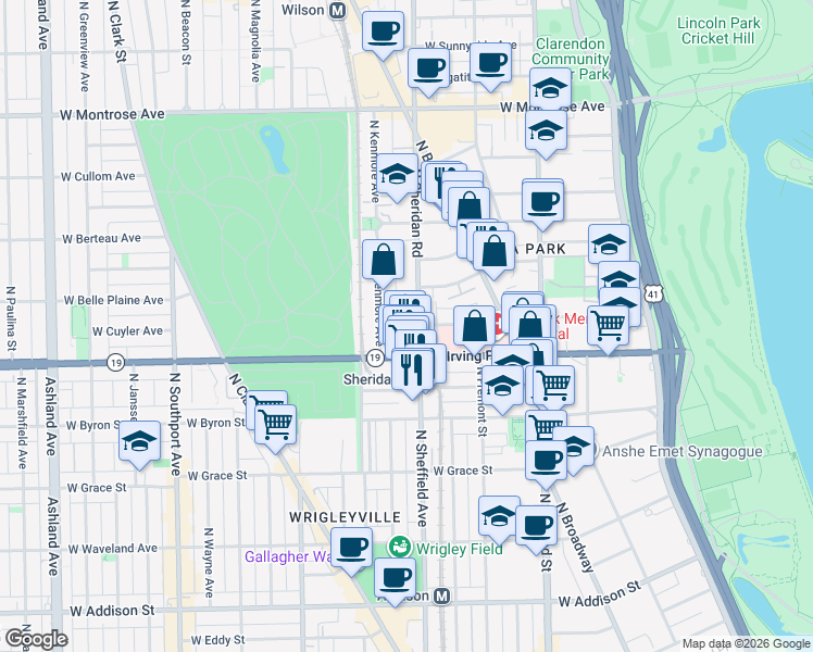 map of restaurants, bars, coffee shops, grocery stores, and more near 4011 North Kenmore Avenue in Chicago