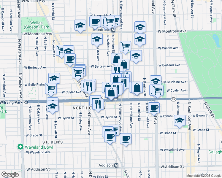 map of restaurants, bars, coffee shops, grocery stores, and more near 1832 West Cuyler Avenue in Chicago
