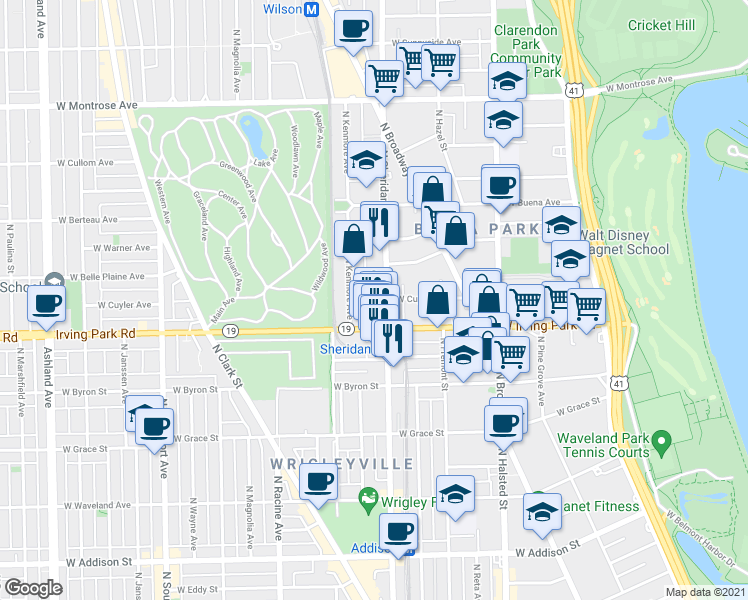 map of restaurants, bars, coffee shops, grocery stores, and more near 4011 North Kenmore Avenue in Chicago