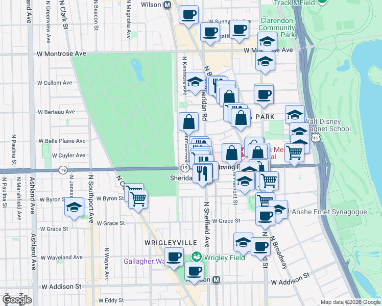 map of restaurants, bars, coffee shops, grocery stores, and more near 4011 North Kenmore Avenue in Chicago