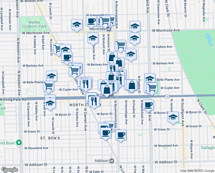 map of restaurants, bars, coffee shops, grocery stores, and more near 1817 West Cuyler Avenue in Chicago