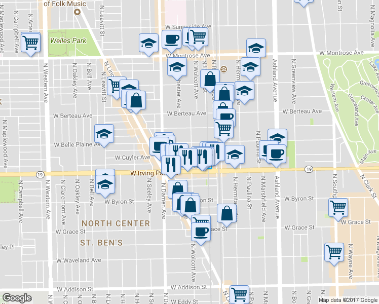 map of restaurants, bars, coffee shops, grocery stores, and more near 1844 West Irving Park Road in Chicago
