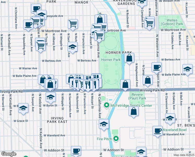 map of restaurants, bars, coffee shops, grocery stores, and more near 4041 North Mozart Street in Chicago